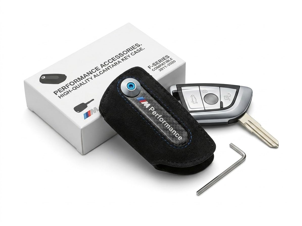 Cover Custodia Chiave Compatibile con BMW Serie 1 2 3 4 5 X1 X5 (Modelli F 2011-2020) - Guscio Protettivo Portachiavi a Lama in Alcantara e Look Carbonio con Chiavino Incluso (Nero/Blu)