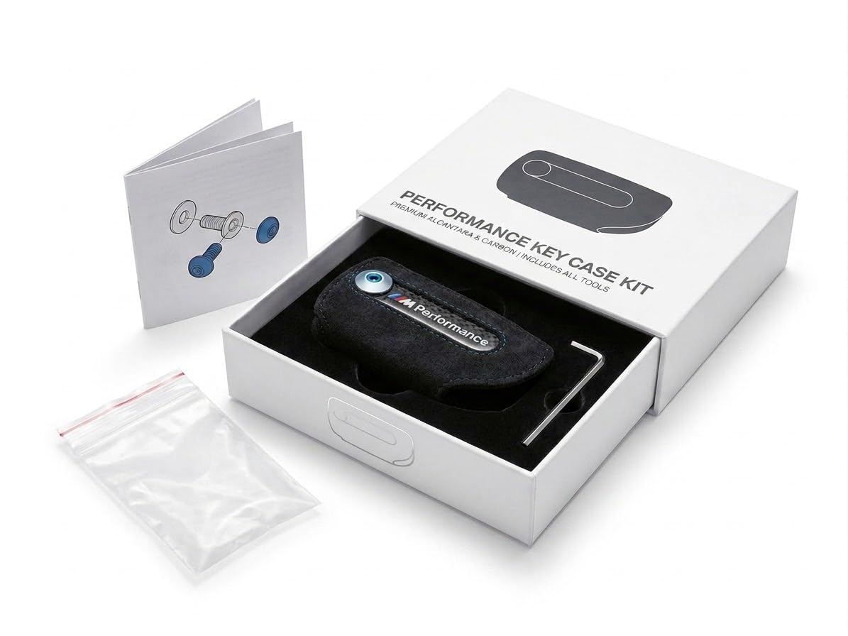Cover Custodia Chiave Compatibile con BMW Serie 1 2 3 4 5 X1 X5 (Modelli F 2011-2020) - Guscio Protettivo Portachiavi a Lama in Alcantara e Look Carbonio con Chiavino Incluso (Nero/Blu)