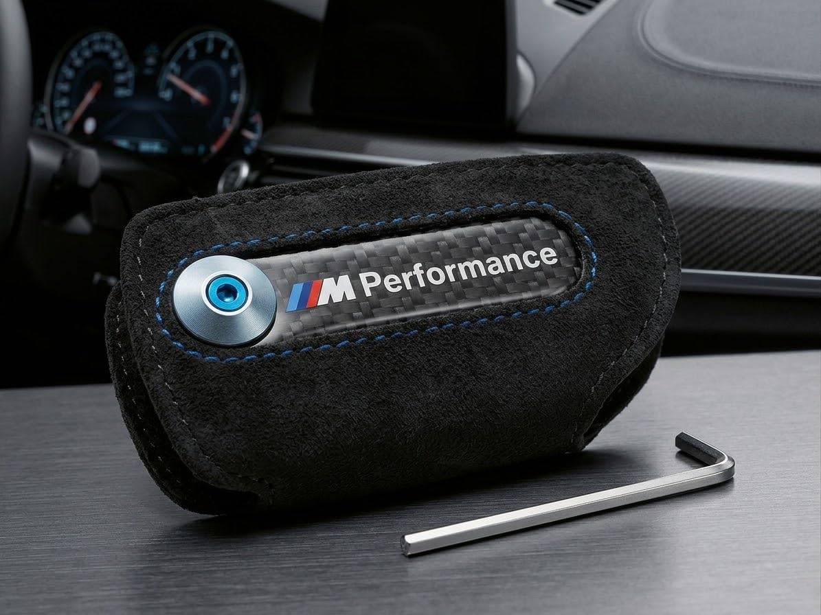 Cover Custodia Chiave Compatibile con BMW Serie 1 2 3 4 5 X1 X5 (Modelli F 2011-2020) - Guscio Protettivo Portachiavi a Lama in Alcantara e Look Carbonio con Chiavino Incluso (Nero/Blu)