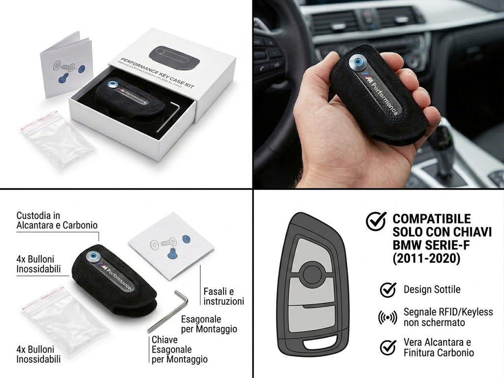 Cover Custodia Chiave Compatibile con BMW Serie 1 2 3 4 5 X1 X5 (Modelli F 2011-2020) - Guscio Protettivo Portachiavi a Lama in Alcantara e Look Carbonio con Chiavino Incluso (Nero/Blu)