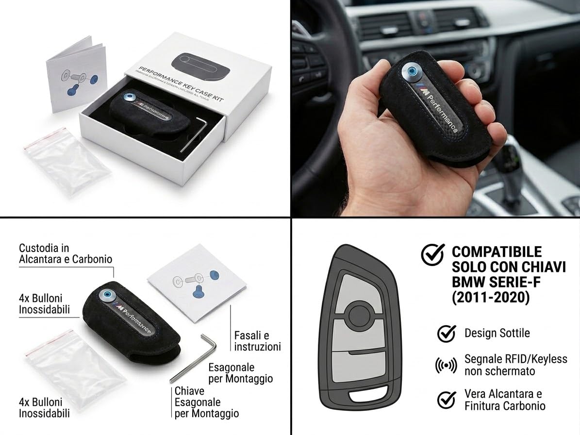 Cover Custodia Chiave Compatibile con BMW Serie 1 2 3 4 5 X1 X5 (Modelli F 2011-2020) - Guscio Protettivo Portachiavi a Lama in Alcantara e Look Carbonio con Chiavino Incluso (Nero/Blu)