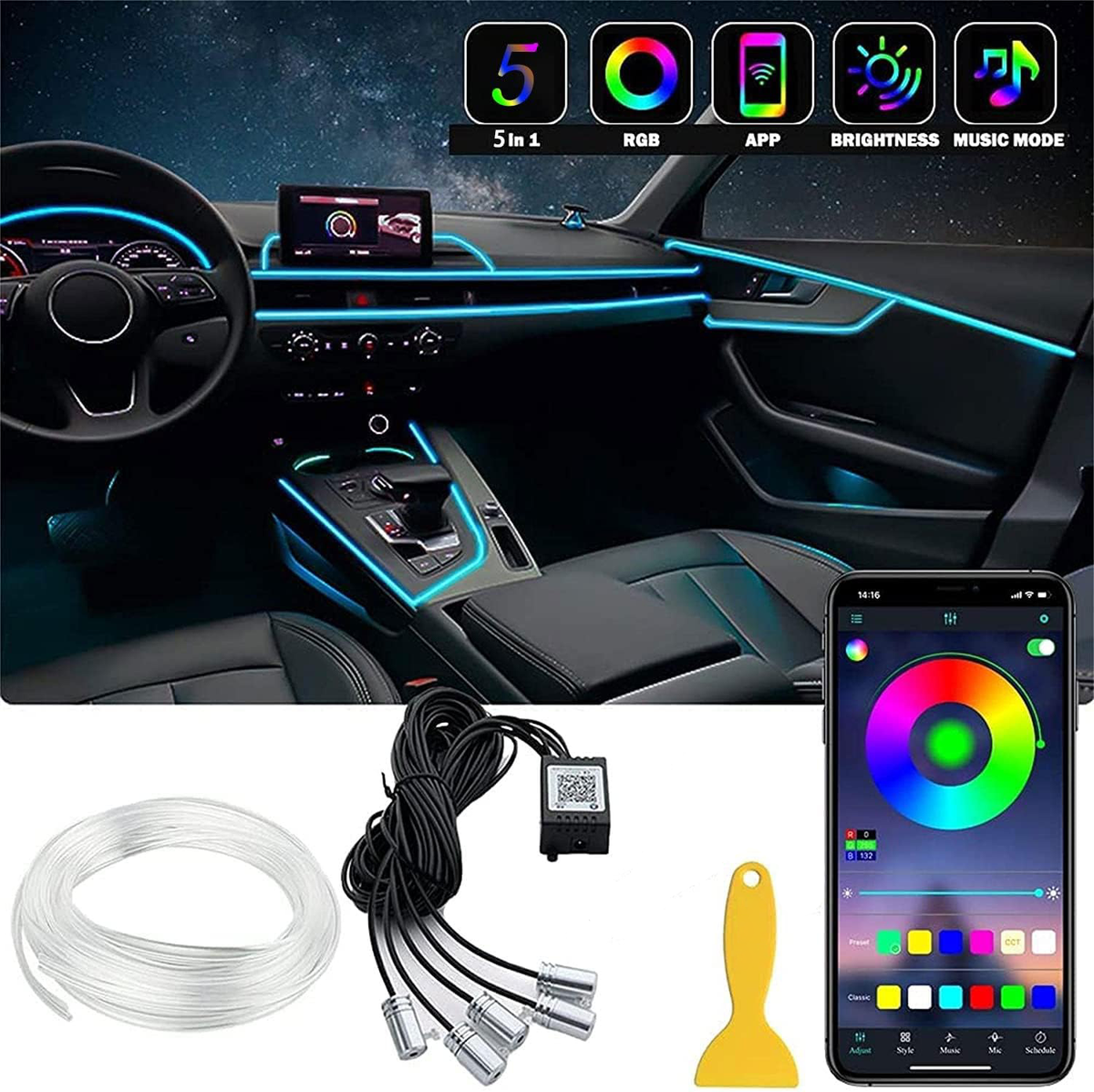 Luci LED RGB Per Auto, Illuminazione Ambientale Interna Acrilica Con 210 Scene, Controllo Da APP E Musica, USB, 378 LED - 4