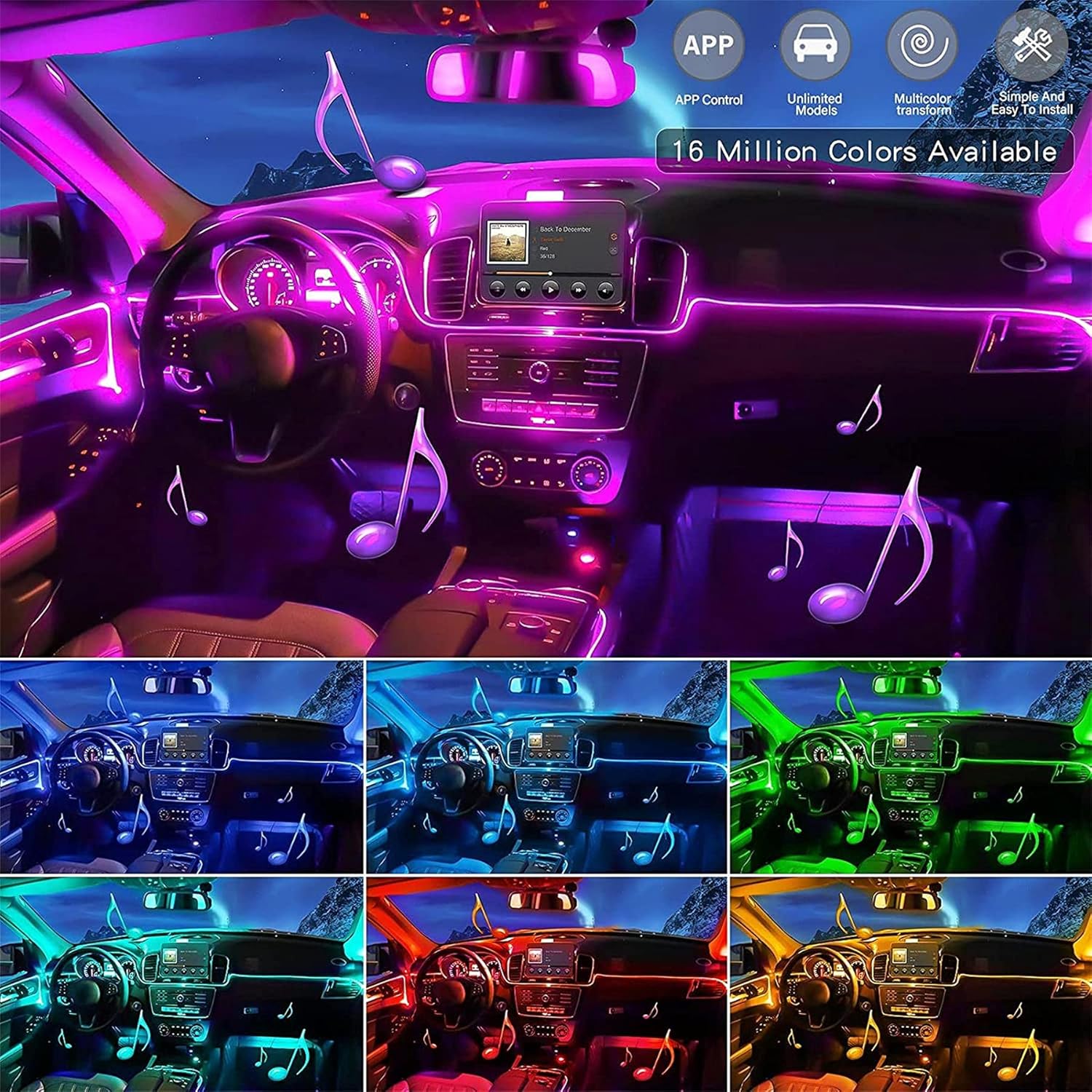 Led Interno RGB Auto Ambientale 6 Metri 5 In 1 Illuminazione Multicolore Cruscotto, Fibra Ottica RGB, Controllo Con APP, Tuning Auto Camion Furgone